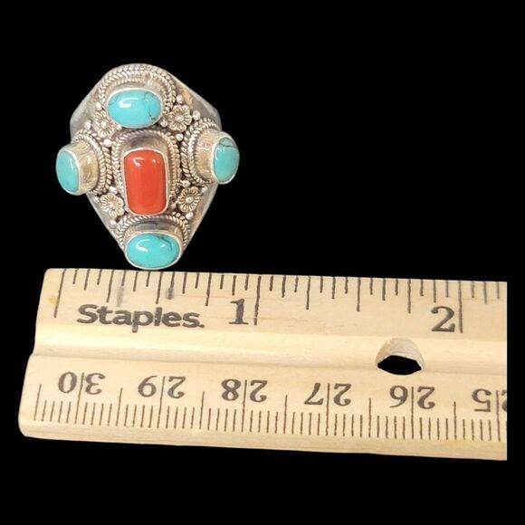 Heavy Native American Turquoise Coral Sterling Silver Ring 9 Adjustable 13.27g - Picture 9 of 11